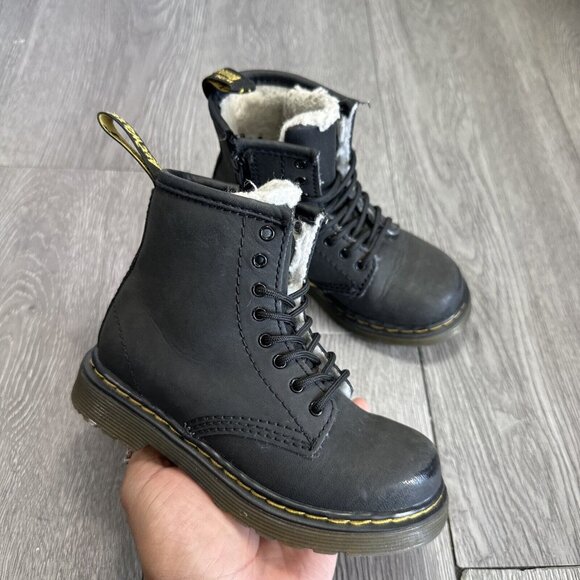 Dr Martins 1460 Serena Mono T Black Leather Fur Lined Combat Boots